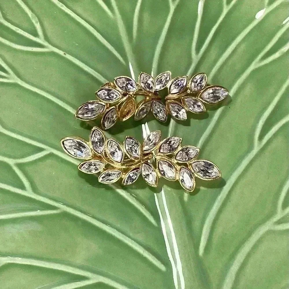 Kenneth Jay Lane Gold Clear Crystal Leaf Rhinestone Clip-On Earrings - Picture 6 of 8